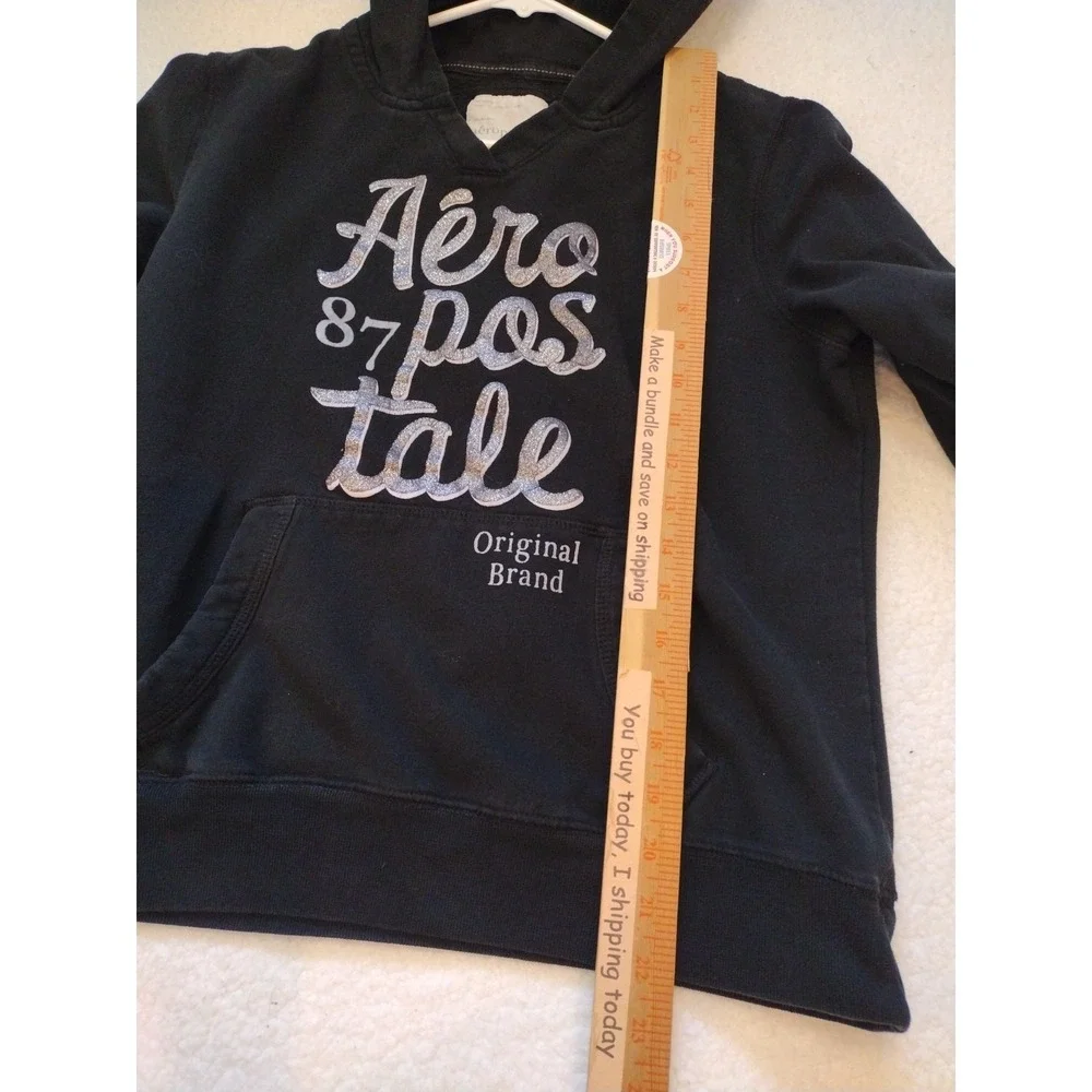 Aeropostale Hooded Sweatshirt Kid XL‎ Black Silver Glitter Logo Pullover Junior